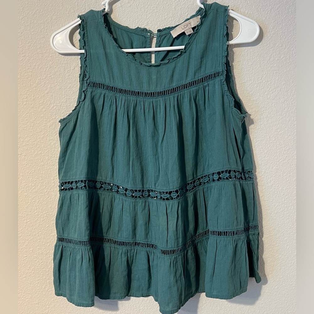 LOFT Teal Sleeveless Crochet-Trim Ruffled Blouse
